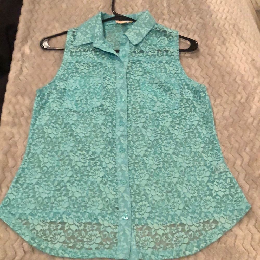 Teal Laced floral button up blouse